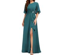 WISIYLE Scoop Neck Madre della Sposa Abito Maniche Corte Chiffon Formale Sera Partito Maxi Abito con Spacco WQL010, Pavone, 24 Più