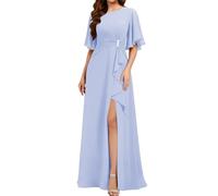WISIYLE Scoop Neck Madre della Sposa Abito Maniche Corte Chiffon Formale Sera Partito Maxi Abito con Spacco WQL010, Lavanda, 42