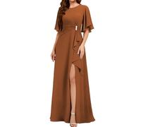 WISIYLE Scoop Neck Madre della Sposa Abito Maniche Corte Chiffon Formale Sera Partito Maxi Abito con Spacco WQL010, Arancione bruciato, 42