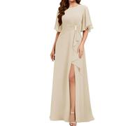 WISIYLE Scoop Neck Madre della Sposa Abito Maniche Corte Chiffon Formale Sera Partito Maxi Abito con Spacco WQL010, Champange, 40