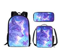 Wismoutput Set di borse per la scuola per bambini per ragazze e ragazzi, zaino grande per laptop, borsa per il pranzo e astuccio per matite, 3 pezzi, per la scuola elementare, Lupo Notte Stellata