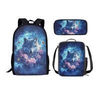 Wismoutput Set di zaini per bambini per ragazzi e ragazze, zaino resistente e isolato, portapranzo e astuccio per la scuola elementare, Lupo dei fiori