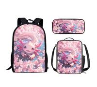 Wismoutput Zaino per la scuola per bambini 3 in 1 leggero 3 pezzi impermeabile per laptop bookbag pranzo astuccio set zaino casual per studenti, Axolotl ai fiori di ciliegio