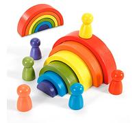 Wisplye Legno Arcobaleno, Giocattoli Montessori Educativi Stacker, Impilabile Colorato Archi con Bambole, Giochi Blocchi di Costruzione, Puzzle di Nidificazione per Bambini Ragazzo Ragazza, 6 Colori