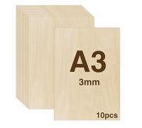 WISYOK 10 Fogli di Legno Sottili, Legno Compensato di Tiglio A3, Fogli di Compensato per Pirografia e Traforo Laser - 420x300x3mm