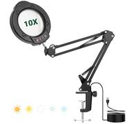 WISYOK Lente d'ingrandimento con luce e supporto, 10 luci a LED con braccio girevole di 22 cm, 5 modalità di colore, 10 LED dimmerabili, con morsetto, lente di ingrandimento da lettura per anziani