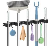 WISYOK Porta Scope Parete, 5 Supporti e 4 Ganci, Acciaio Inox, Nero | Supporto per Scope, Salvaspazio e Robusto per Organizzare Scope, Mop e Attrezzi in Casa, Garage e Lavanderia