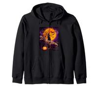 Witch Black Cat Ridding Dinosaur Moon Pumpkin Halloween Felpa con Cappuccio