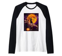 Witch Black Cat Ridding Dinosaur Moon Pumpkin Halloween Maglia con Maniche Raglan