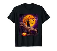 Witch Black Cat Ridding Dinosaur Moon Pumpkin Halloween Maglietta