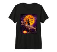 Witch Black Cat Ridding Dinosaur Moon Pumpkin Halloween Maglietta Premium