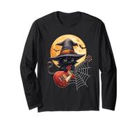 Witch Cat Playing Guitar Cat Halloween Cat Kitten Lover Kids Maglia a Manica