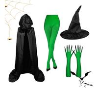 Witch Costume, Black Pointed Hat, Green Claw Gloves, Complete Cosplay Kit, Spooky Halloween Accessory, Perfect for Birthday Parties, Movie-Themed Events, Masquerade Balls, Festivals, and Role-Playing