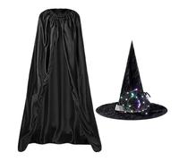 Witch Costume Children - Black Witch Cloak | Girl e ragazzi di cappello da stregone luminoso | 140 cm Polyester Cape | Set di mantello e cappelli di Halloween | Costume inquietante per lo stadio e dol