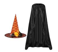 Witch Costume Children - Black Witch Cloak | Girl e ragazzi di cappello da stregone luminoso | 140 cm Polyester Cape | Set di mantello e cappelli di Halloween | Costume inquietante per lo stadio e dol