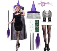 Witch Costume da donna, Halloween Black Witch Wicked Costumes with Hat Sticker Cape Broom Gloves Accessories Set for Halloween Fancy Dress