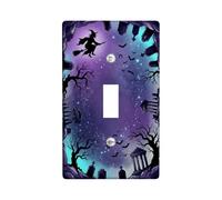 Witch Flying Over Graveyard Halloween Toggle Switch Plate | Scena del cimitero, sagoma di strega volante, pipistrelli, tombe, sfondo mistico della foresta, decorazione per la casa