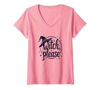 Witch Please: Grafica Magica di Halloween, Maglietta con Collo a V, Donna, Rosa, S
