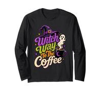 Witch Way To The Coffee Funny Witchy Halloween Tipografia Maglia a Manica