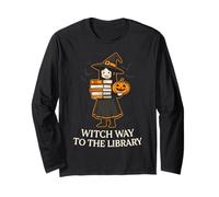 Witch Way To The Library Halloween Bibliotecario Libri Reader Maglia a Manica