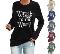 Witch Way to The Wine Camicie di Halloween da donna divertenti magliette da strega horror costumi di Halloween a maniche lunghe top tunica pullover abiti festival, Blu, S