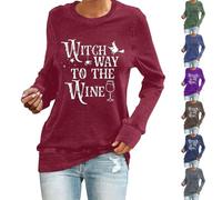 Witch Way to The Wine Camicie di Halloween da donna divertenti magliette da strega spaventoso costumi di Halloween a maniche lunghe top tunica pullover vestiti festival, Blu, S