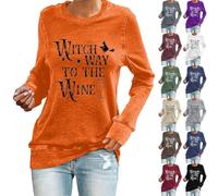 Witch Way to The Wine Camicie di Halloween da donna divertenti magliette da strega spaventoso costumi di Halloween a maniche lunghe top tunica pullover abiti festival, Caff, S