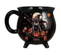 Witches Brew Calderone Tazza nera 350 ml, tazza da latte in ceramica con gatto - Tazza decorativa per tè gotico per amici, famiglia, Halloween, riunioni, casa, notte spettrale, eventi spettrali