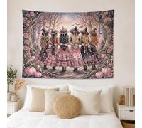 Witches Coven Amicizia Illustrazione Halloween Arazzo 152,4 x 101,6 cm | Paesaggio forestale, da appendere alla parete in tessuto, casetta degli amici, accenti floreali, illustrazione fantasiosa