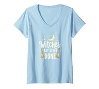Witches Get Stuff Done Magica Motivazione al Chiaro di Luna Maglietta con Collo a V, Donna, Celeste, S