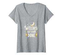 Witches Get Stuff Done Magica Motivazione al Chiaro di Luna Maglietta con Collo a V, Donna, Grigio Melange, M