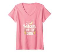 Witches Get Stuff Done Magica Motivazione al Chiaro di Luna Maglietta con Collo a V, Donna, Rosa, XXL