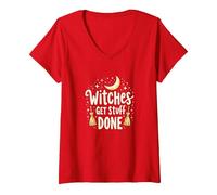 Witches Get Stuff Done Magica Motivazione al Chiaro di Luna Maglietta con Collo a V, Donna, Rosso, L