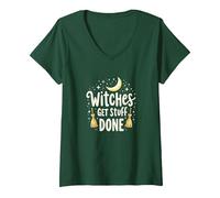 Witches Get Stuff Done Magica Motivazione al Chiaro di Luna Maglietta con Collo a V, Donna, Verde Foresta, L