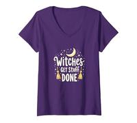 Witches Get Stuff Done Magica Motivazione al Chiaro di Luna Maglietta con Collo a V, Donna, Viola, L