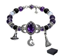 Witch's Crystal Moon Charm Bracelet,Purple Beaded Mystic Witch Jewelry | Crescent Moon,Star,Witch Hat & Broom Charms,Spiritual Bracelets for Intuition,Gifts for Women