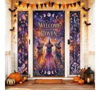 Witchy Celestial Coven Decor Witch Halloween Front Door Cover Set 3pcs | Motivi di luna celeste, striscioni verticali, accenti di cristallo mistici, tema fungo della foresta incantata