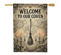 Witchy Coven - Bandiera con citazione di benvenuto con manico di scopa per | Scrollwork gotico, bandiera del prato, portacandele vintage, atmosfera mistica, decorazione del prato esterno