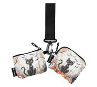 Witchy Halloween gatto nero Halloween spettrale scheletro fantasmi_2 portafogli da donna sottile staccabile con cerniera portamonete con cerniera tasca portamonete per lavoro e viaggi, confezione da 2