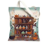 Witchy Magical Bookshelf Theme Halloween Canvas Tote Bag 33 x 38 cm | Bottiglie di pozioni magiche, teschi spettrali, fantasma fantasioso, atmosfera autunnale, estetica strega, utilità quotidiana