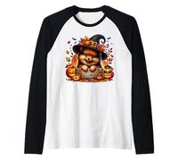 Witchy Pomeranian Puppy in Black Witch Hat Happy Halloween Maglia con Maniche Raglan