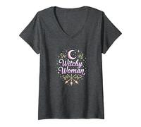 Witchy Woman: Incantesimo Mistico di Luna e Scopa Maglietta con Collo a V, Donna, Grigio Scuro, L