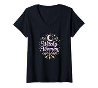 Witchy Woman: Incantesimo Mistico di Luna e Scopa Maglietta con Collo a V, Donna, Nero, M