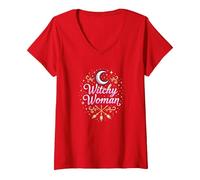 Witchy Woman: Incantesimo Mistico di Luna e Scopa Maglietta con Collo a V, Donna, Rosso, XL