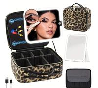 WITFAMILY Borsa per il trucco con specchio 3 colori luce LED, borsa cosmetica da viaggio con specchio a LED, Tatuaggio leopardato, Vento ragazza