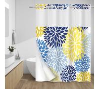 WITHLOC Tenda da doccia senza gancio con fodera a scatto, tenda da doccia floreale dalia, fodera interna in tessuto impermeabile, tende da doccia in tessuto con fiori gialli e blu navy, lavabile in