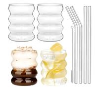 Withosent 300ml Bubble Bicchieri Acqua Vetro con Cannuccia, 4 Pezzi Set Bicchiere Bolle Ondulazione Vintage, Bicchieri Vetro per Latte Macchiato, Caffè, whisky, Cocktail, Yogurt, Soda