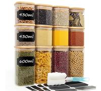 Withosent Barattoli Vetro Set di 12, 430ml/600ml Barattoli Spezie Cucina, Contenitori per Alimenti con Coperchio di Legno, Impilabile Vasetti Vetro per Spezie, Cibo, Biscotti, Fagioli