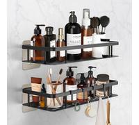 Withosent Mensola doccia senza foratura, 2 ripiani per doccia, in alluminio, colore nero, autoadesiva, con 4 ganci, per bagno, cucina, 31,5 cm