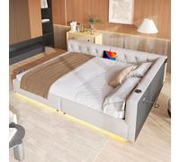 Witimisy - Divano letto, letto diurno, con rete a doghe, illuminazione ambiente con telecomando, testiera con bottoni, USB+Tipo-C, lino, senza materasso, 213X153X50CM (Beige)